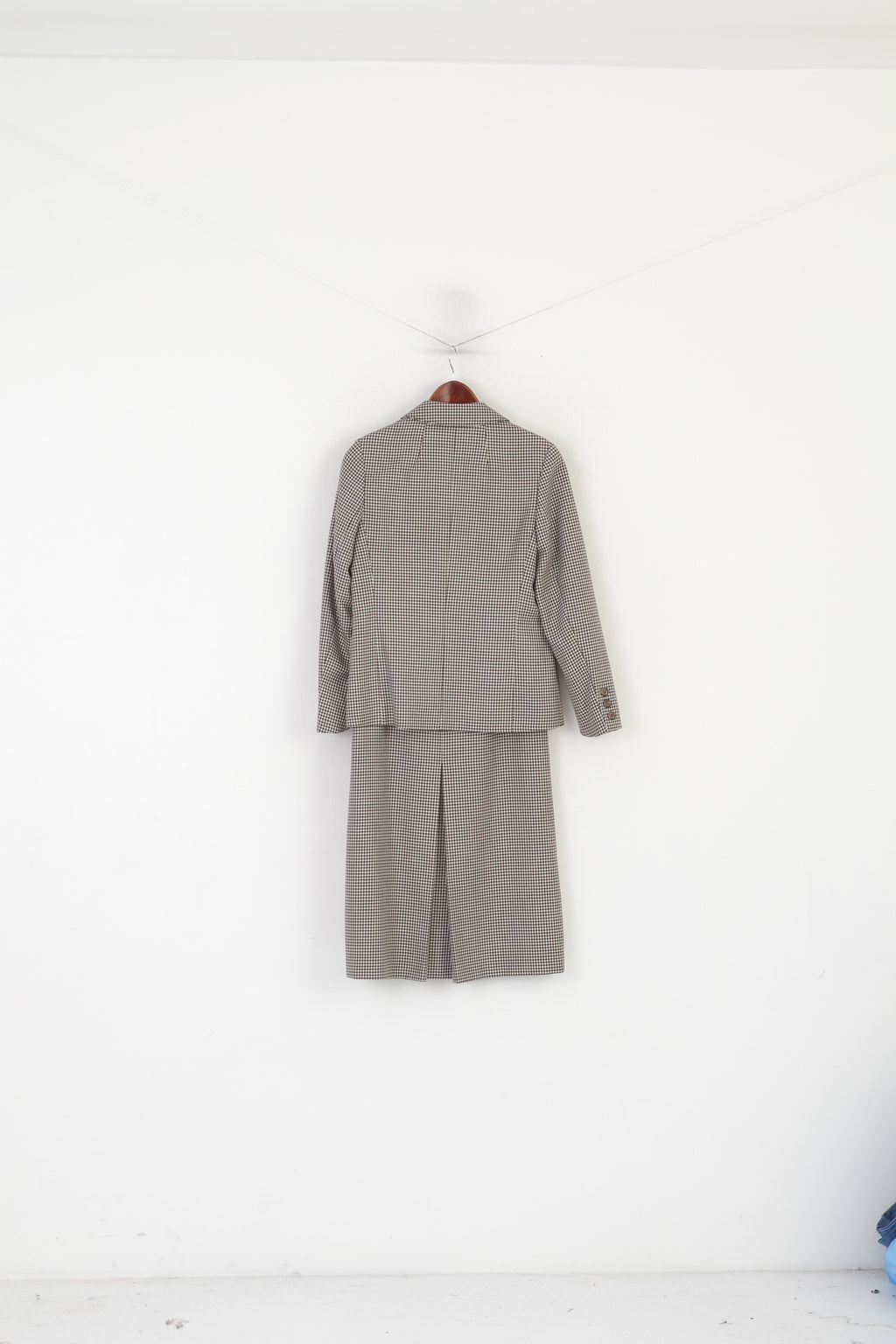 Gelco Trevira Women 38 S Suit Brown Wool Houndstooth Skirt Blazer Vintage