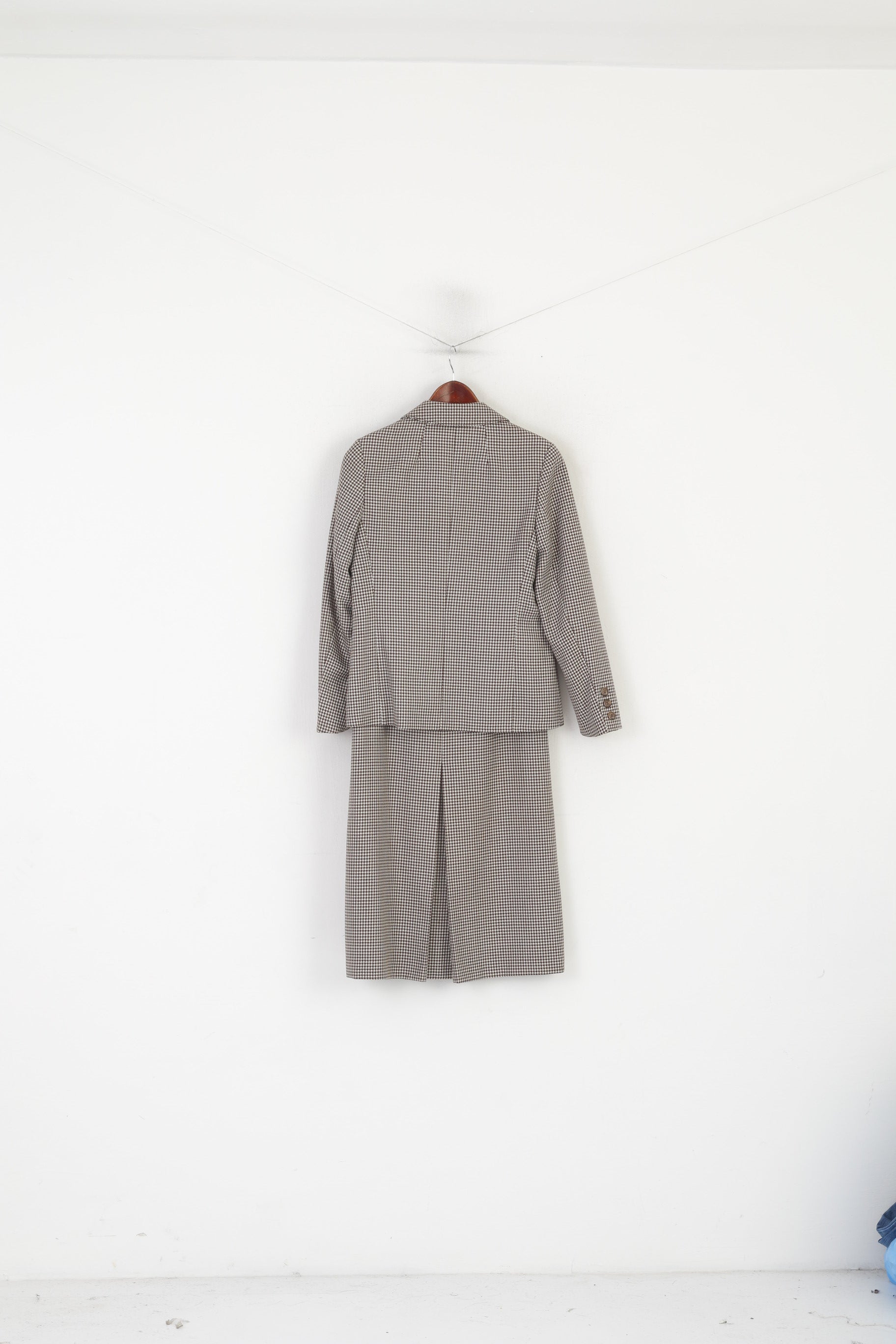 Gelco Trevira Women 38 S Suit Brown Wool Houndstooth Skirt Blazer Vintage