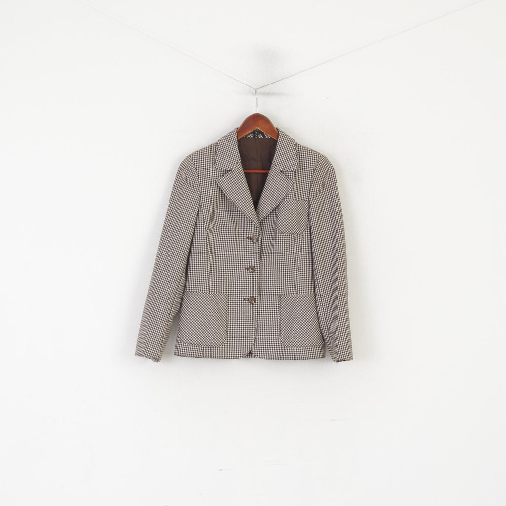 Gelco Trevira Women 38 S Suit Brown Wool Houndstooth Skirt Blazer Vintage