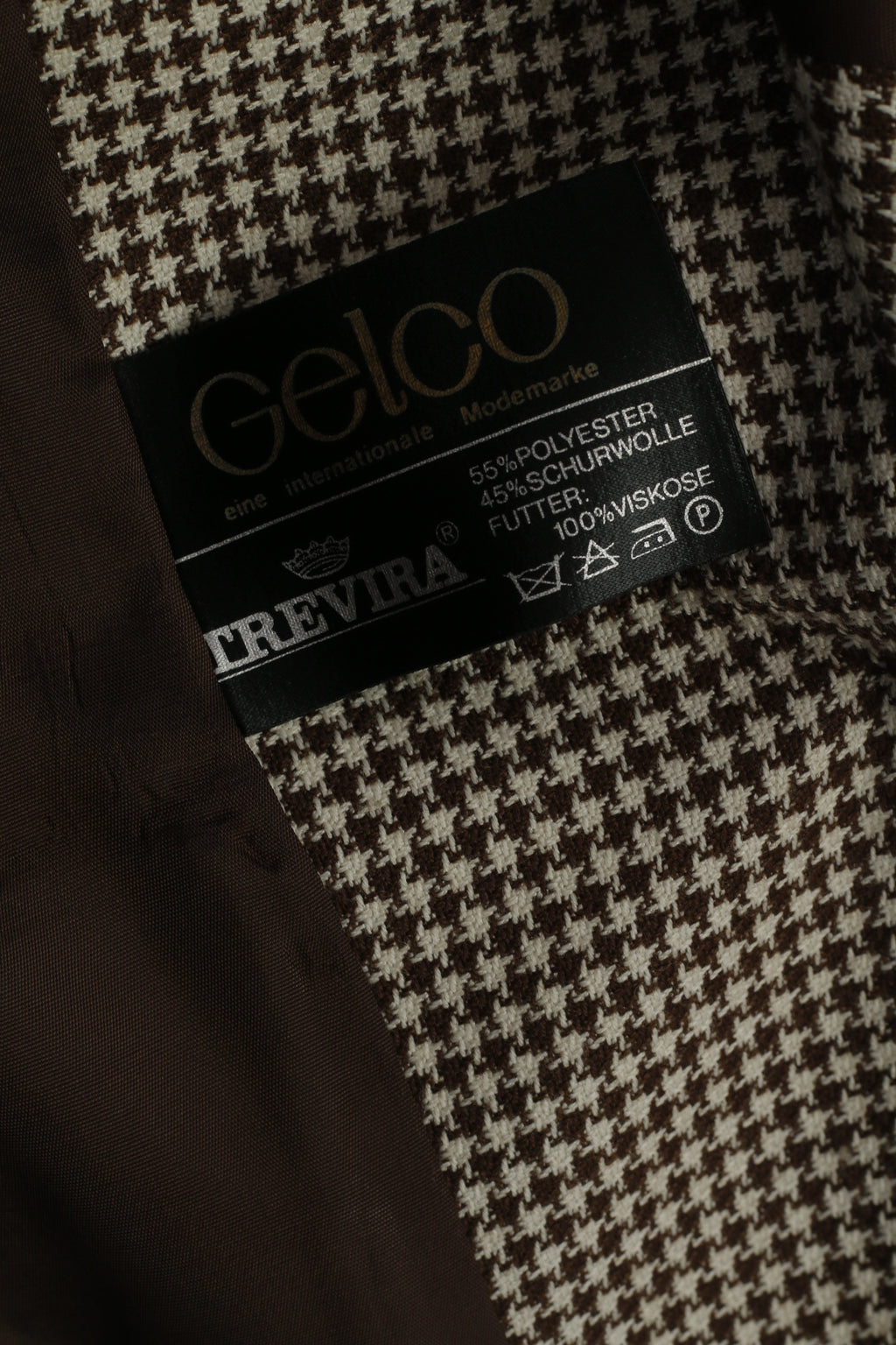 Gelco Trevira Women 38 S Suit Brown Wool Houndstooth Skirt Blazer Vintage