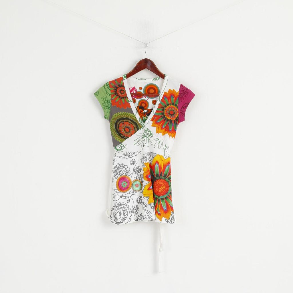 Desigual Femmes XS Chemise Blanc Brodé Floral Coton Relié Col V Haut D'été