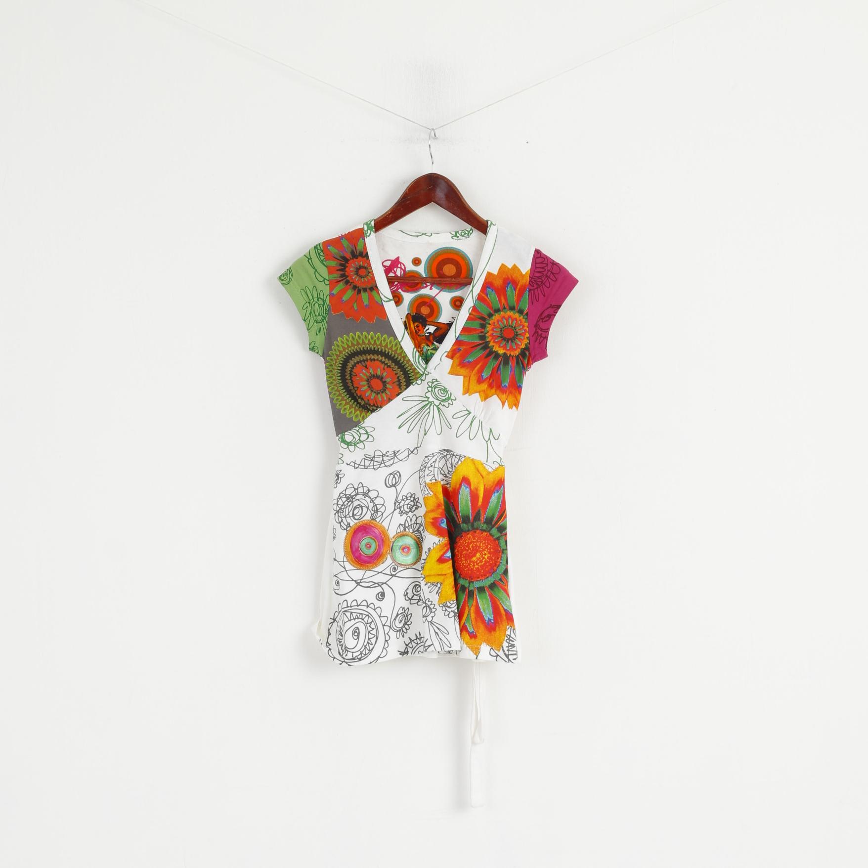 Desigual Femmes XS Chemise Blanc Brodé Floral Coton Relié Col V Haut D'été