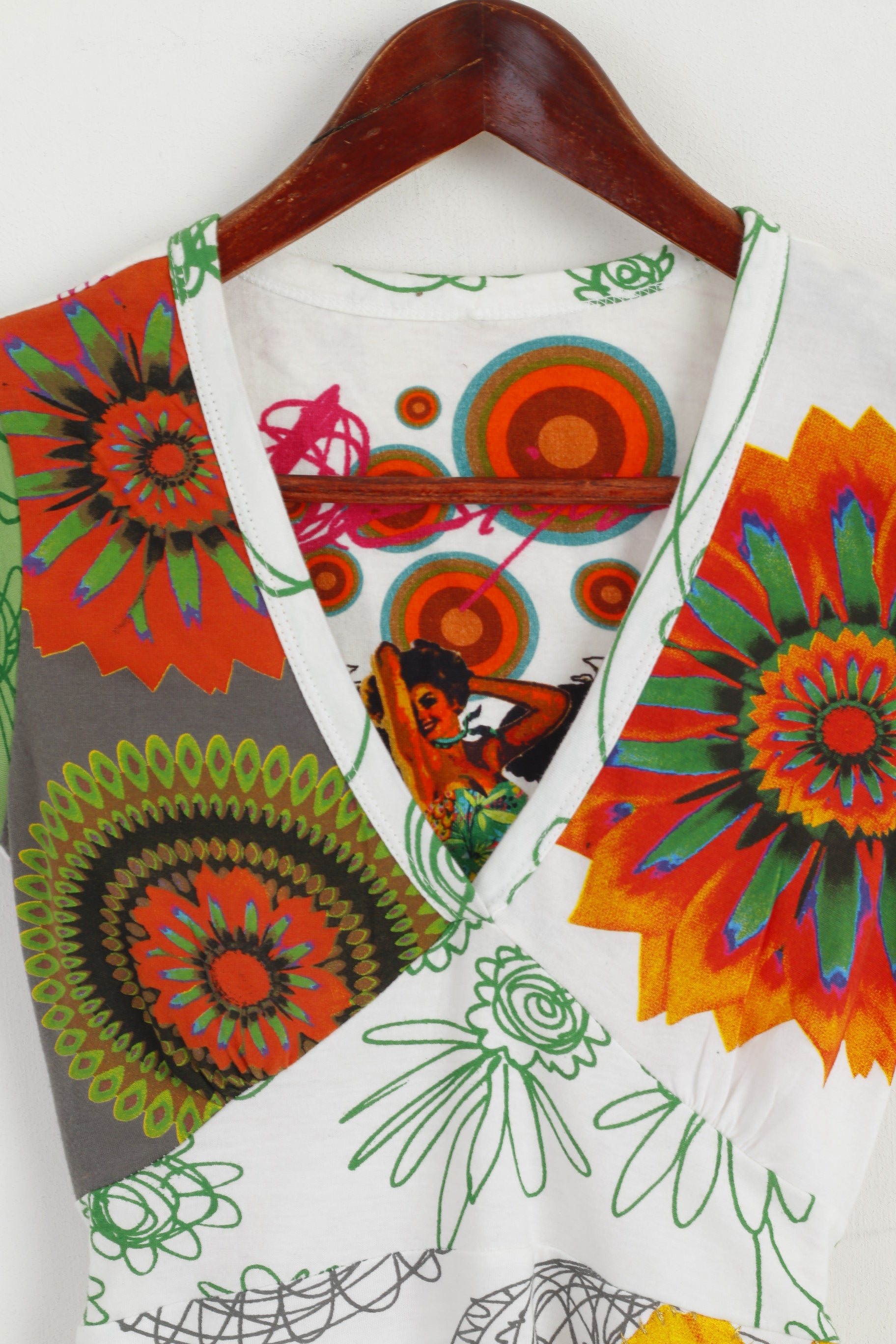 Desigual Femmes XS Chemise Blanc Brodé Floral Coton Relié Col V Haut D'été