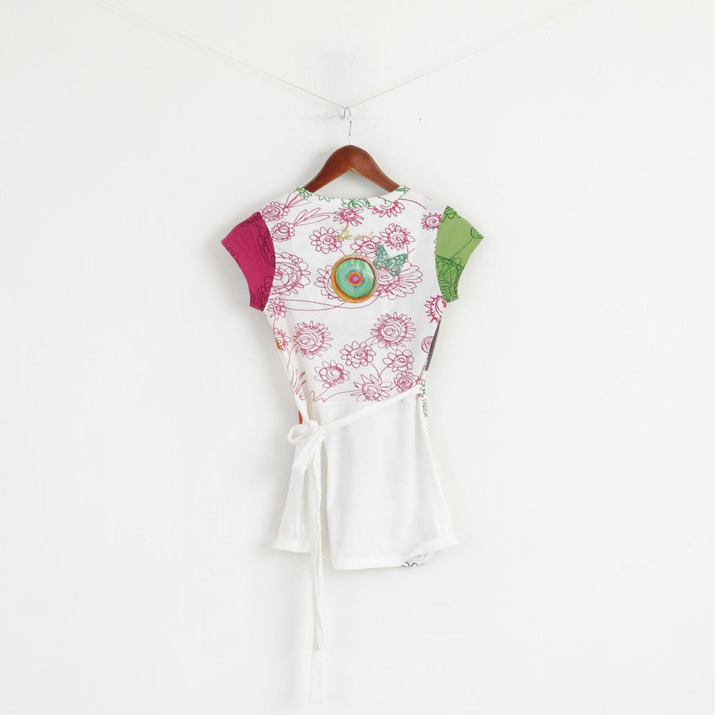 Desigual Femmes XS Chemise Blanc Brodé Floral Coton Relié Col V Haut D'été