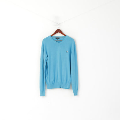 Lyle & Scott Heritage Men L Jumper Turquoise Cotton V Neck Classic Soft Sweater