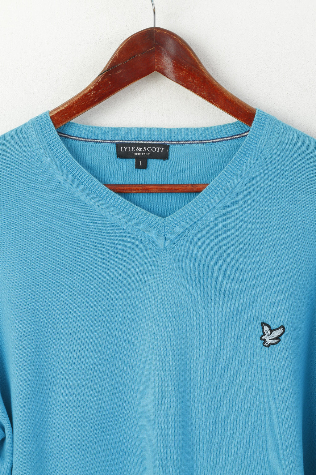 Lyle &amp; Scott Heritage Uomo L Maglione turchese in cotone con scollo a V classico maglione morbido