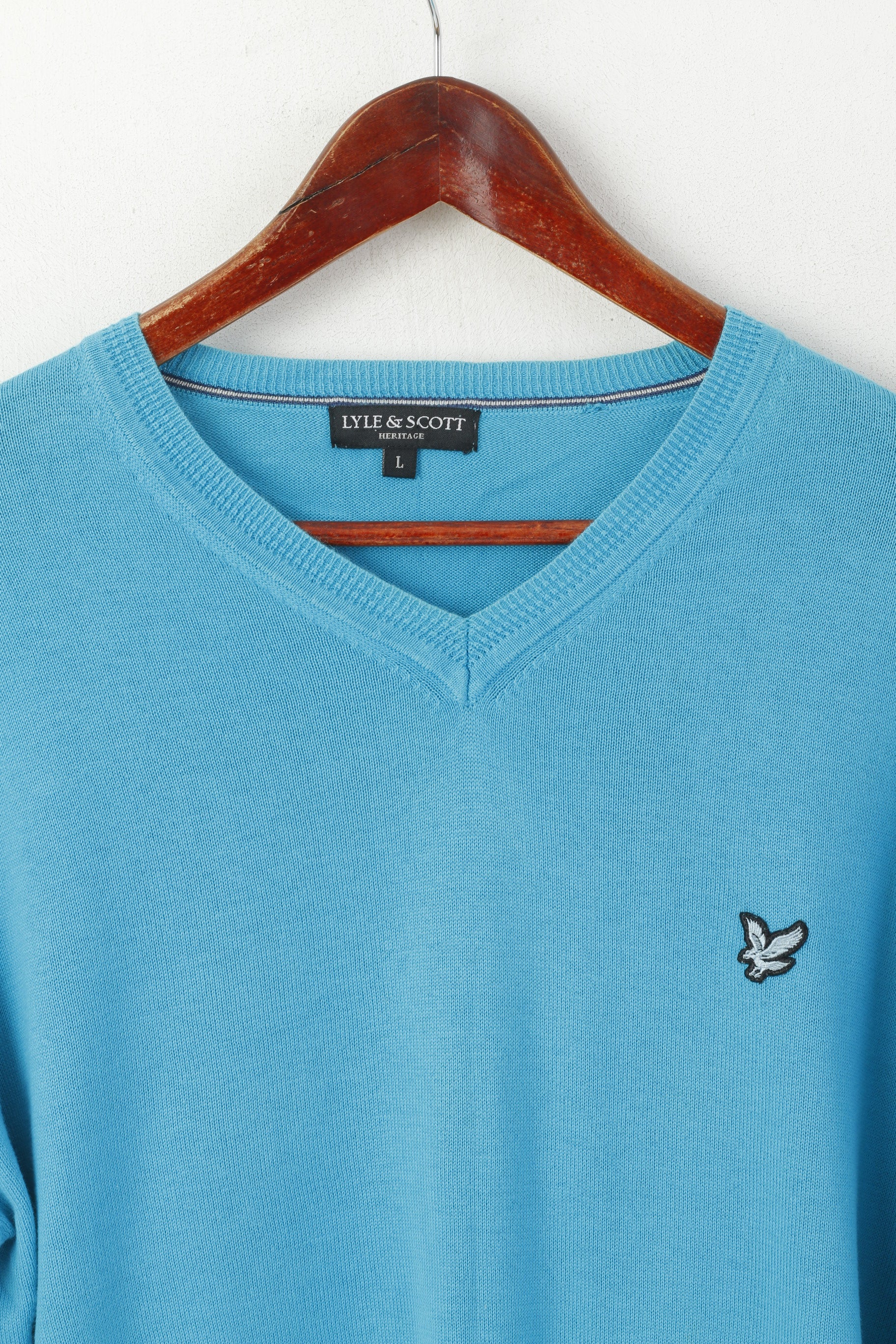 Lyle &amp; Scott Heritage Uomo L Maglione turchese in cotone con scollo a V classico maglione morbido