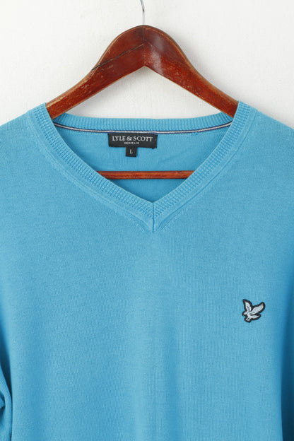 Lyle & Scott Heritage Men L Jumper Turquoise Cotton V Neck Classic Soft Sweater