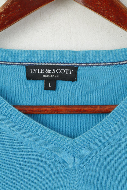 Lyle & Scott Heritage Men L Jumper Turquoise Cotton V Neck Classic Soft Sweater
