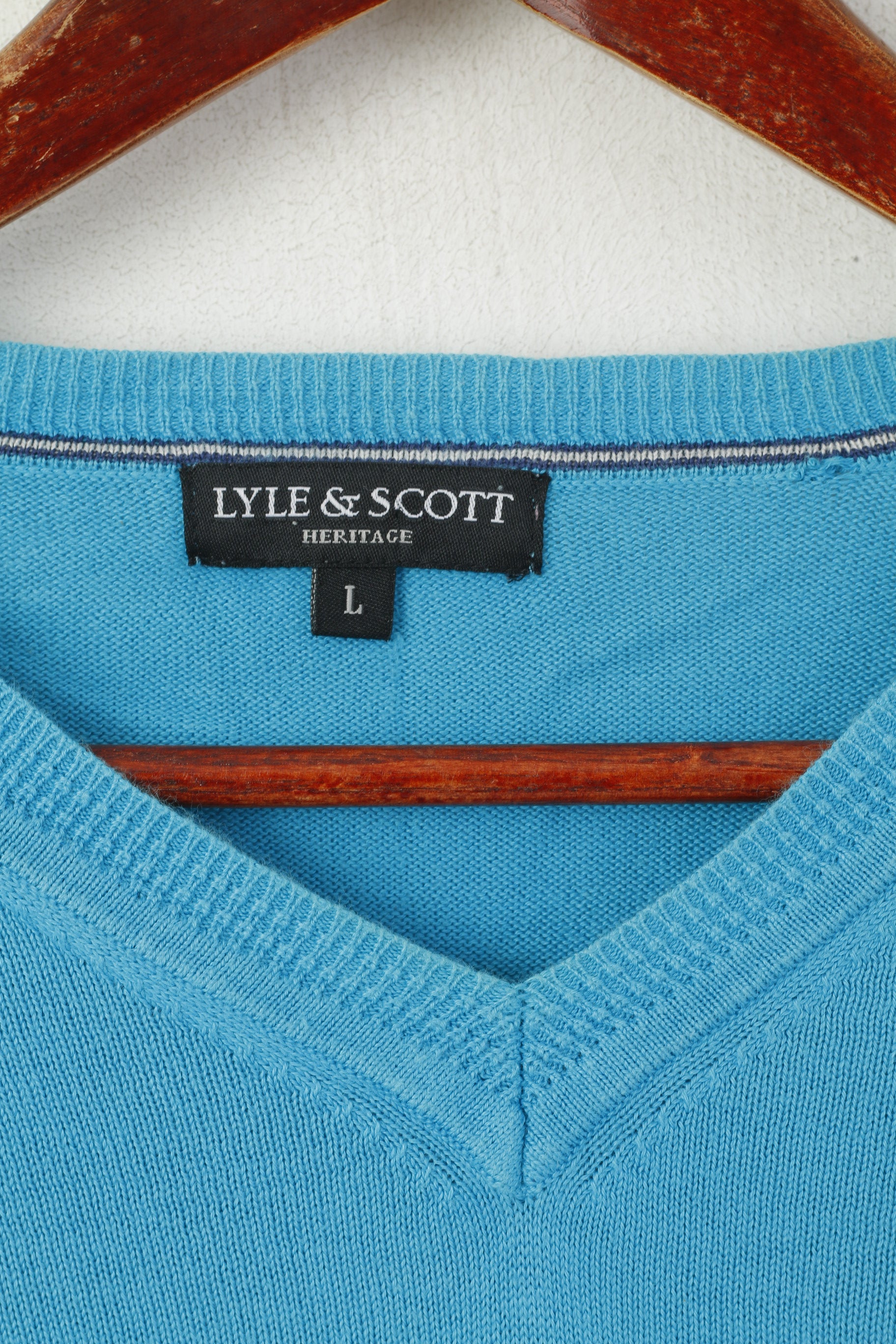 Lyle &amp; Scott Heritage Uomo L Maglione turchese in cotone con scollo a V classico maglione morbido