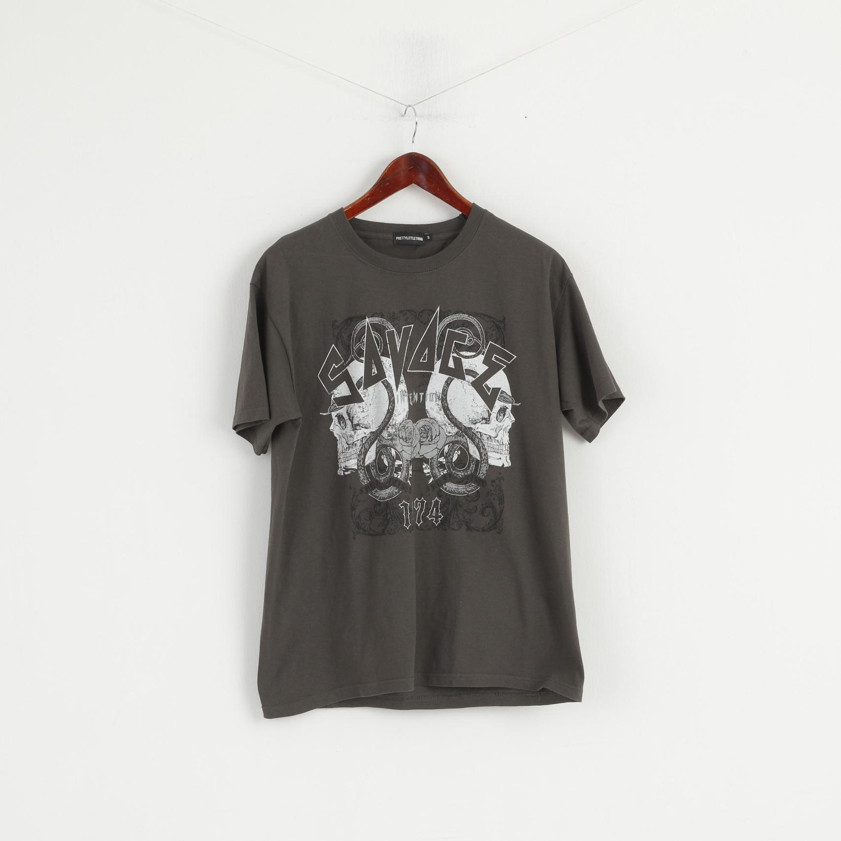 Pretty Little Thing Women S T-Shirt Grey Cotton Graphic Savage Oversize Top