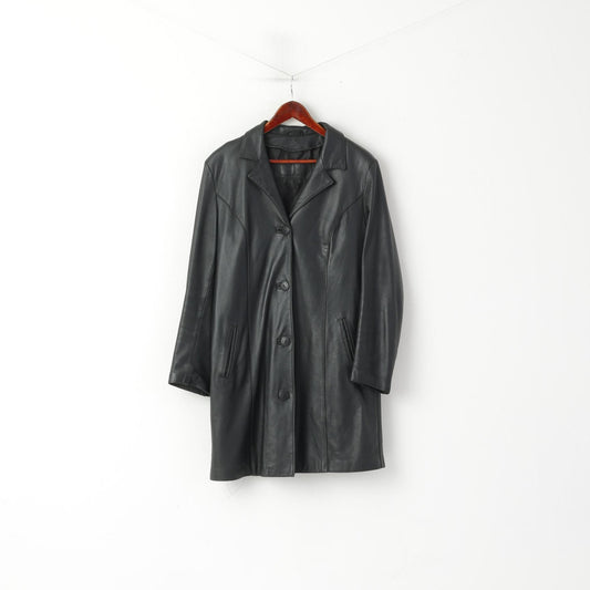 Vintage femmes L veste en cuir noir peau douce simple boutonnage manteau classique