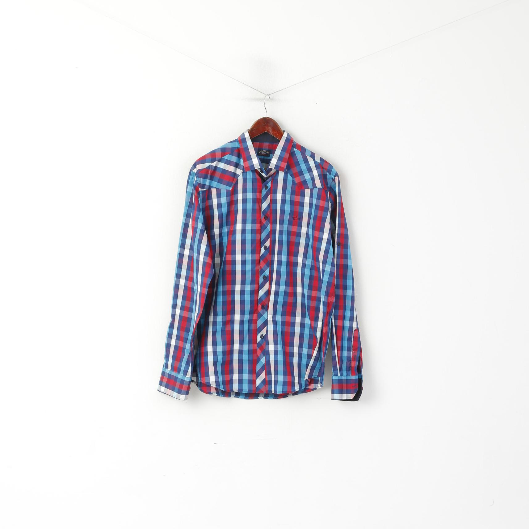 Paul and Shark Yachting Men XXL Casual Shirt Blue Checkered Cotton Long Sleeve Top