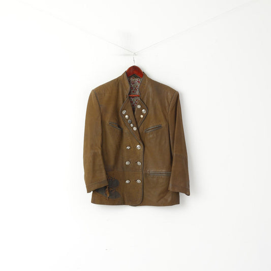 Veste Vintage femme 36 S en cuir marron, épaulettes militaires, boutons décoratifs, haut