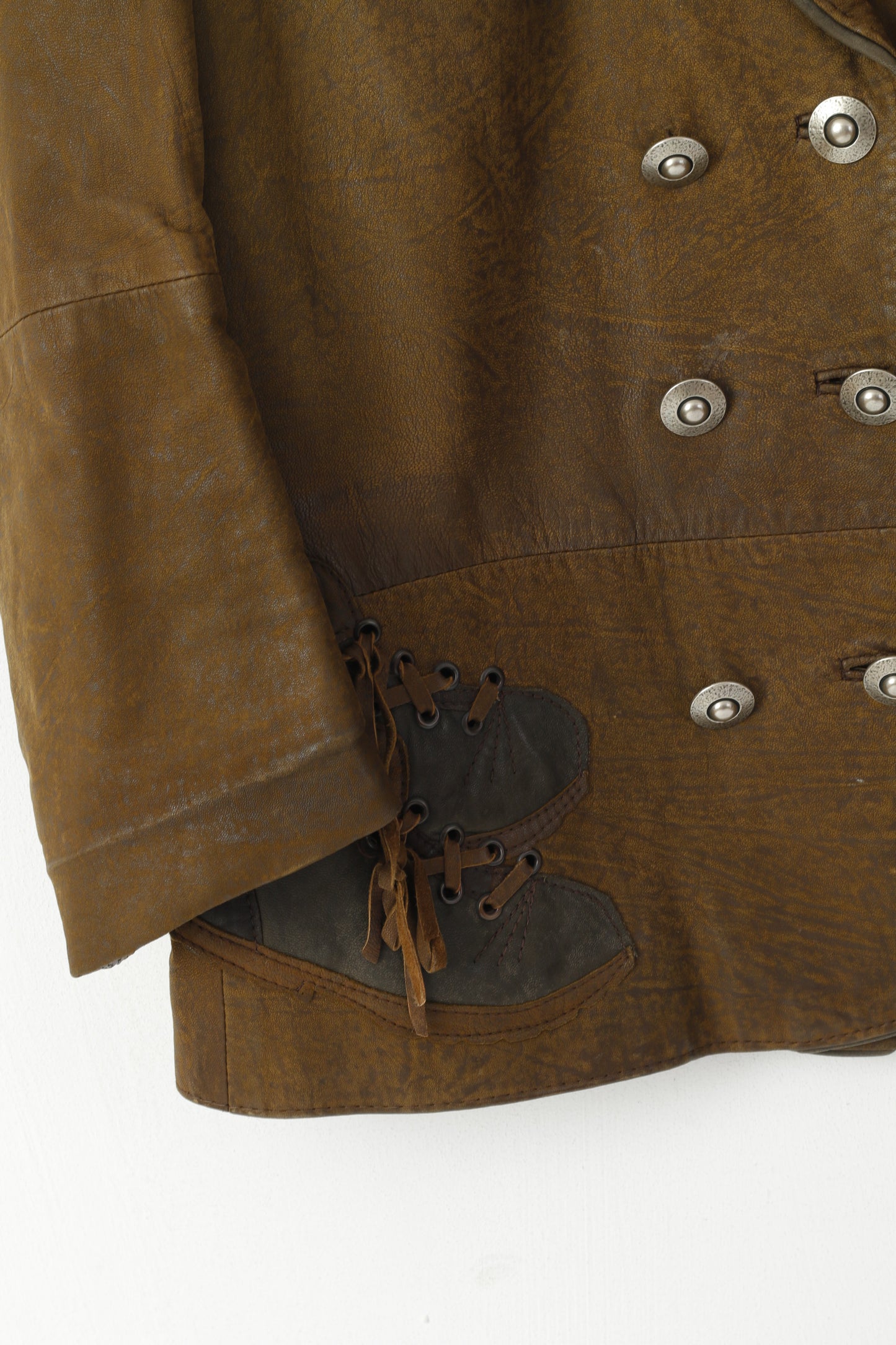 Giacca vintage da donna 36 S. Spallacci militari in pelle marrone con bottoni decorativi sulla parte superiore
