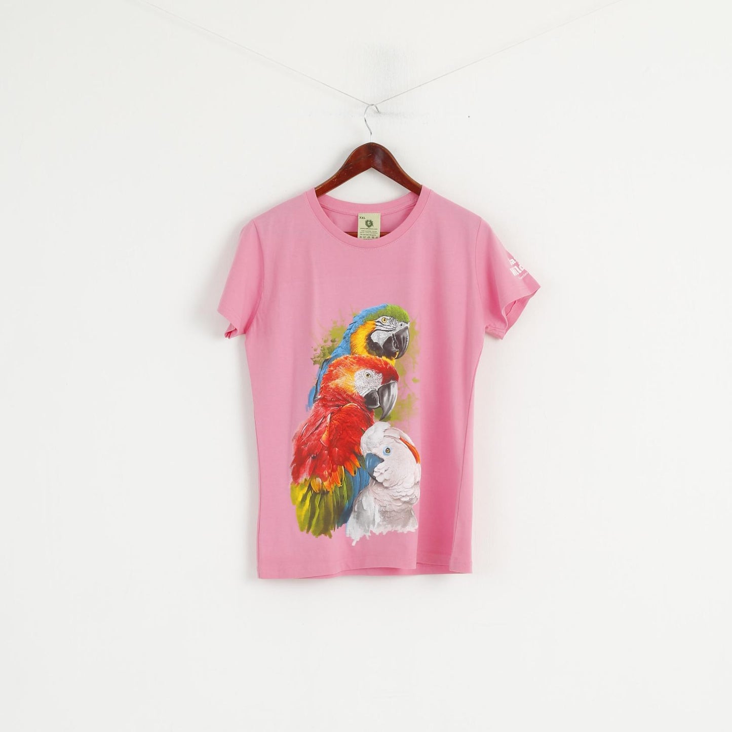 Ralf Nature Women XL Shirt Pink Cotton Parrot Oasis Wildlife Short Sleeve Top