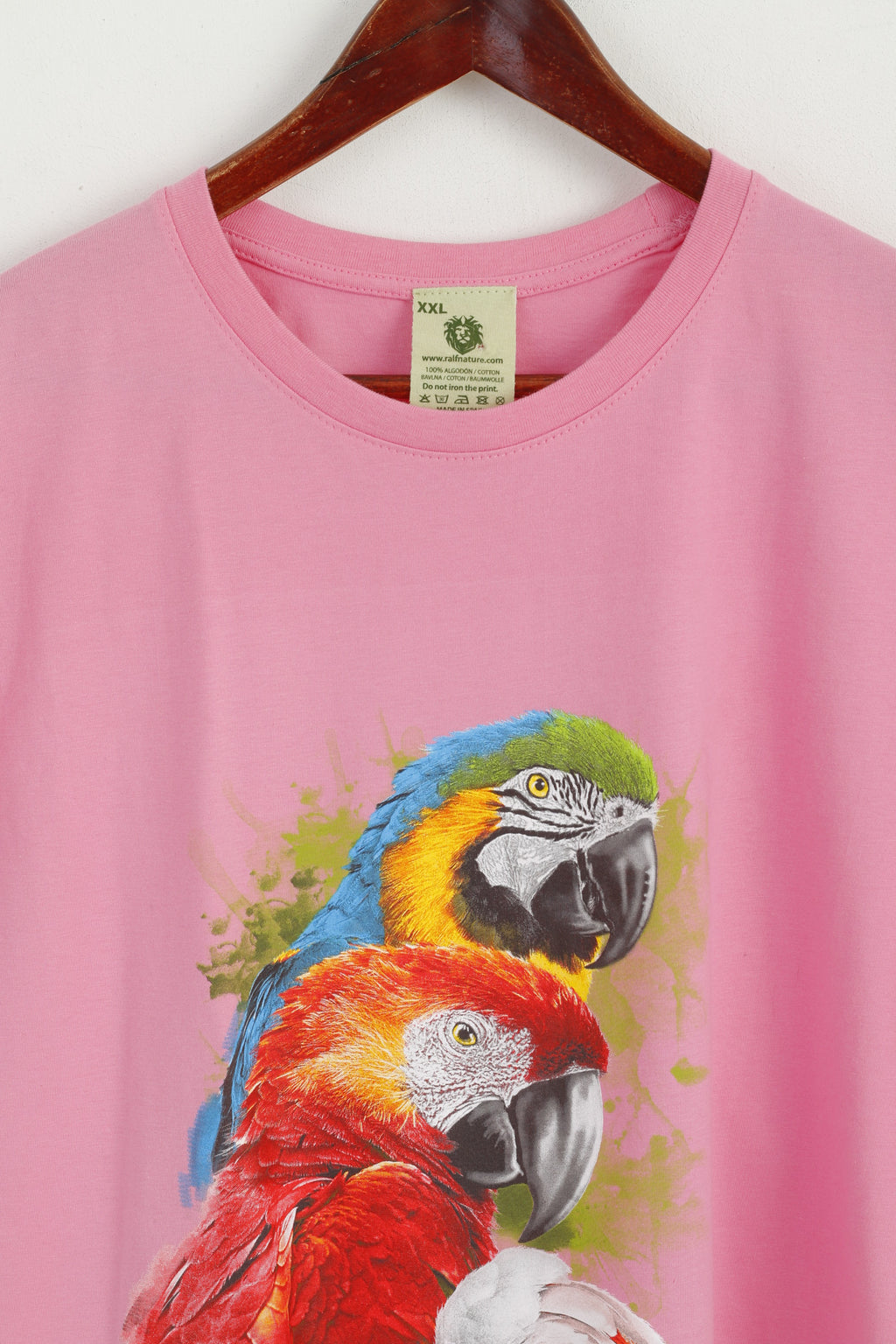 Ralf Nature Women XL Shirt Pink Cotton Parrot Oasis Wildlife Short Sleeve Top