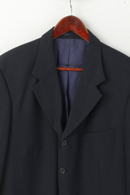 Charlton Gray Men 42 Short Blazer Navy Striped Wool Single Beatsed Jacket