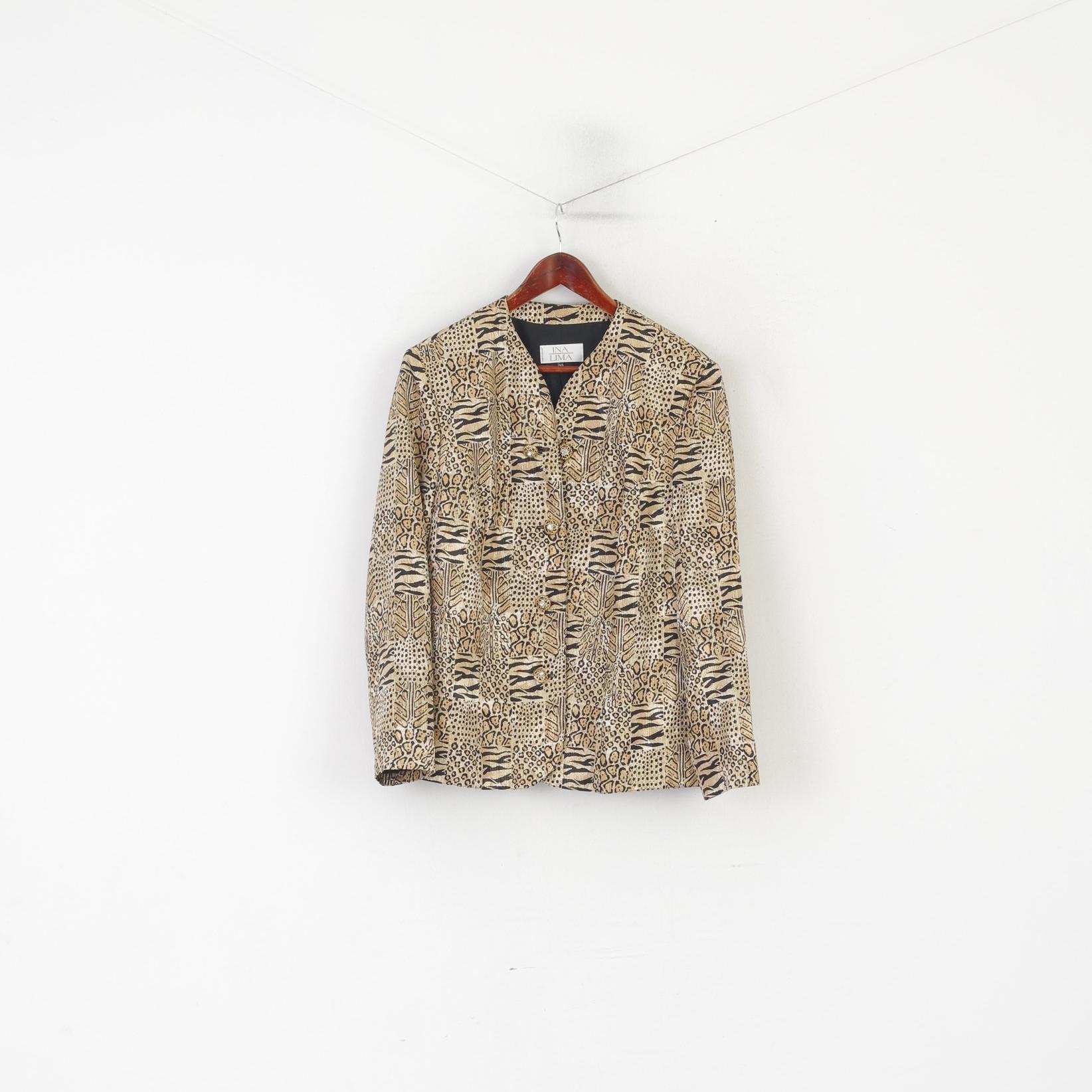 Ina Lima Women 44 L Blazer Gold Panther Print Shiny Gold Buttons Vintage Germany Jacket