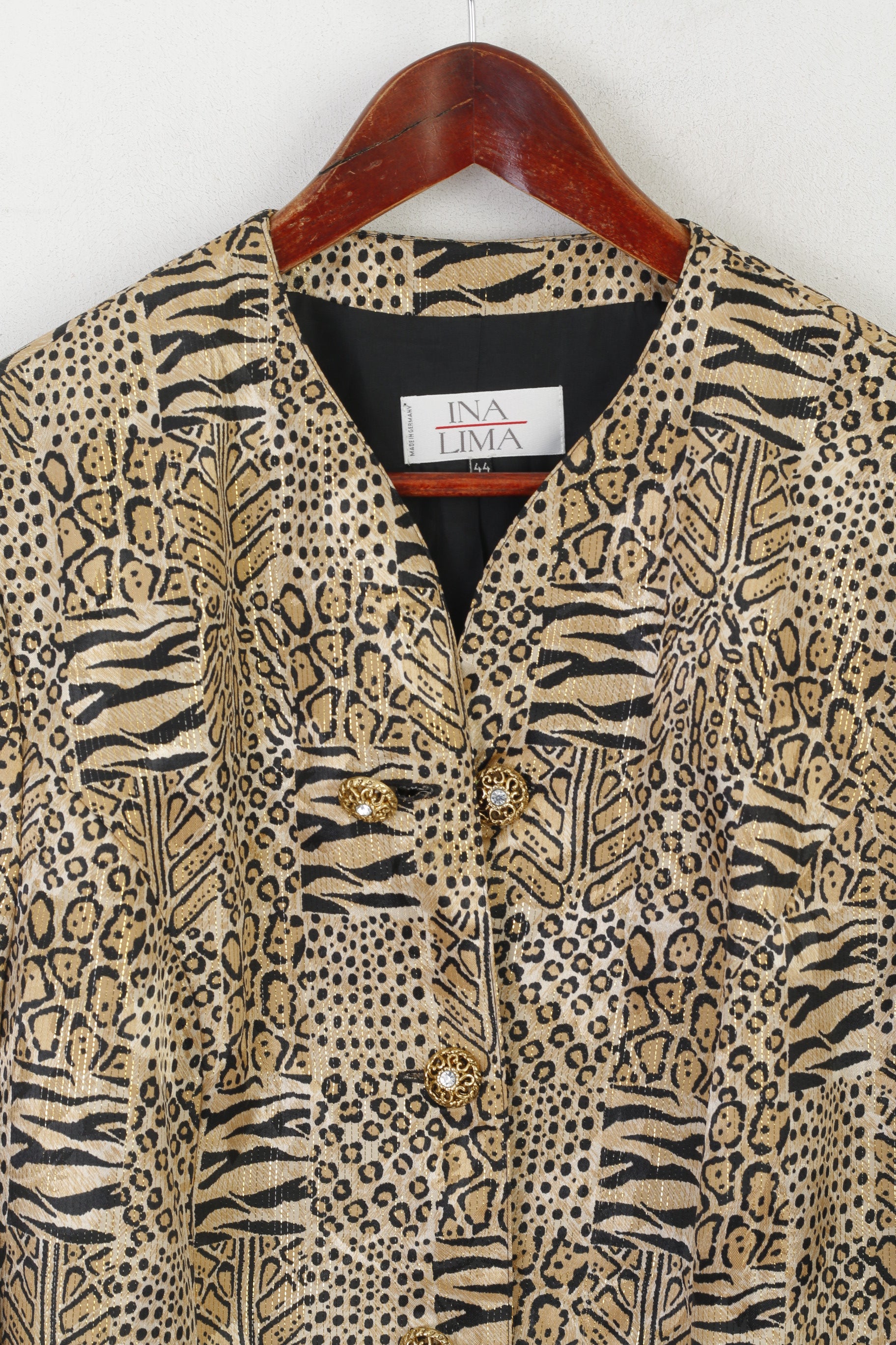 Ina Lima Women 44 L Blazer Gold Panther Print Shiny Gold Buttons Vintage Germany Jacket