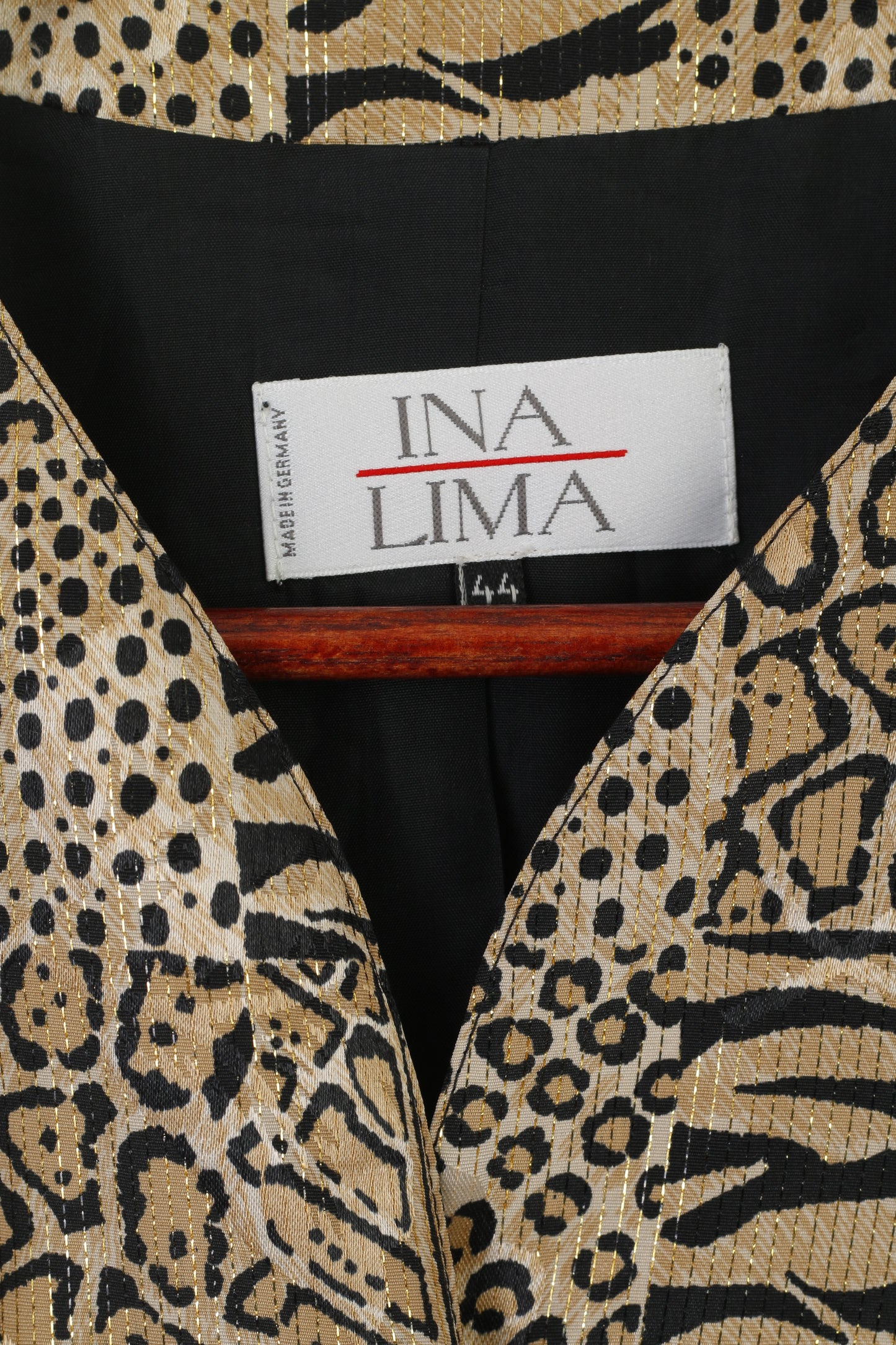 Ina Lima Women 44 L Blazer Gold Panther Print Shiny Gold Buttons Vintage Germany Jacket