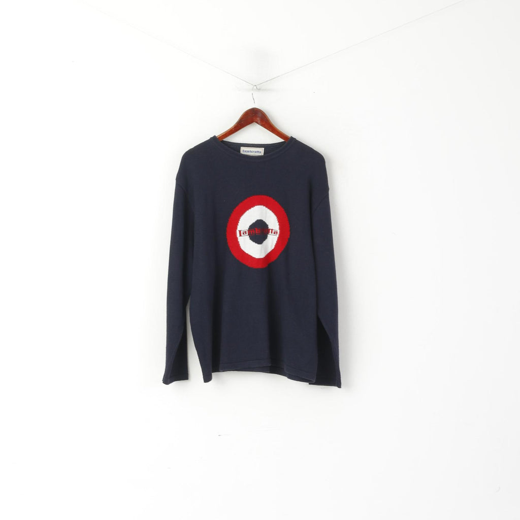 Lambretta Men XL Jumper Navy Cotton Blend Crew Neck Big Logo Sweater