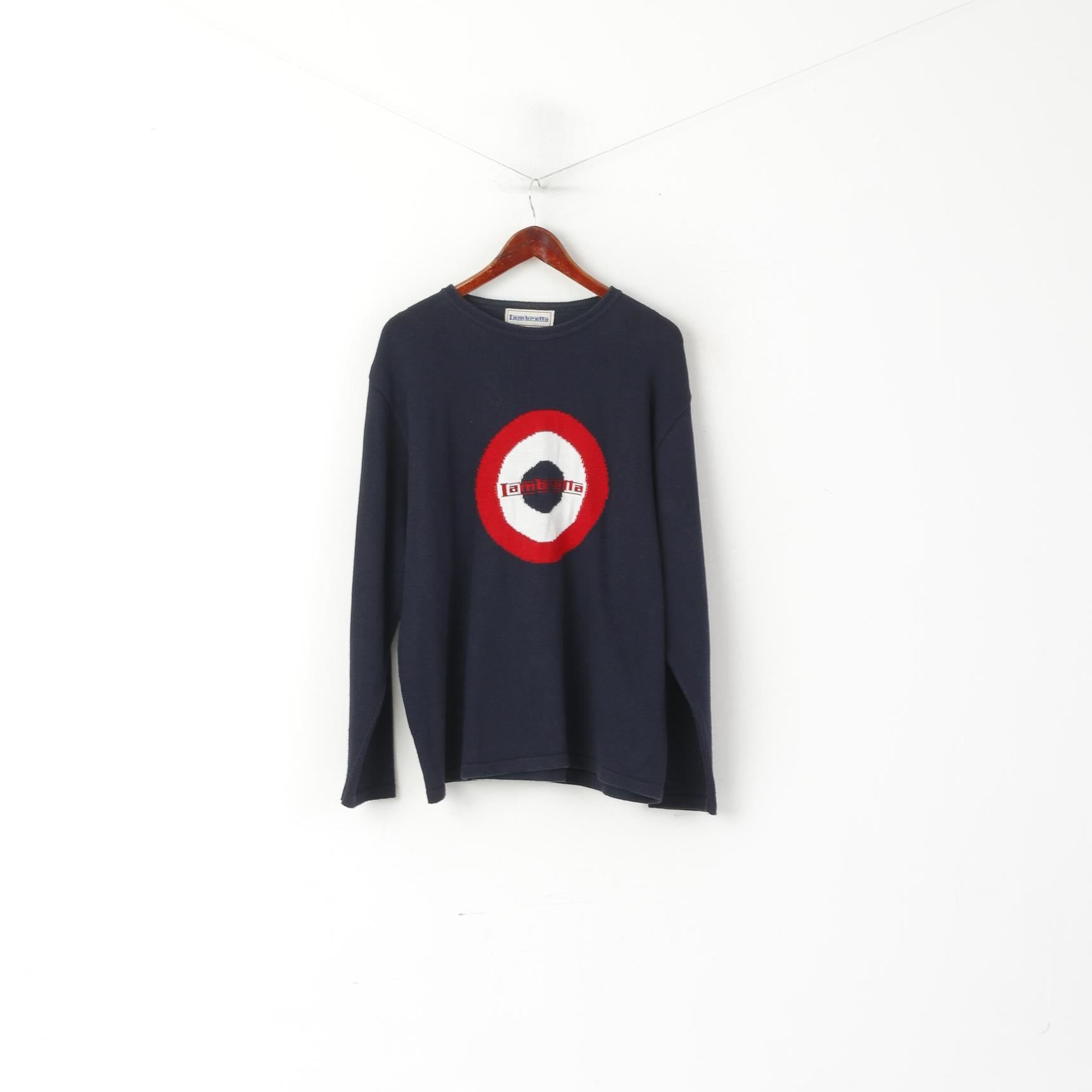Lambretta Men XL Jumper Navy Cotton Blend Crew Neck Big Logo Sweater