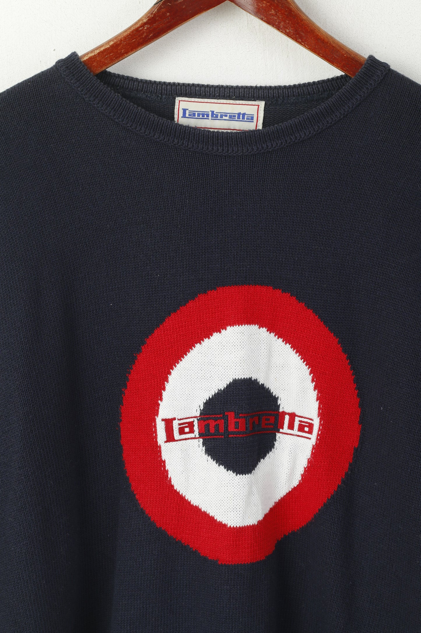 Lambretta Men XL Jumper Navy Cotton Blend Crew Neck Big Logo Sweater