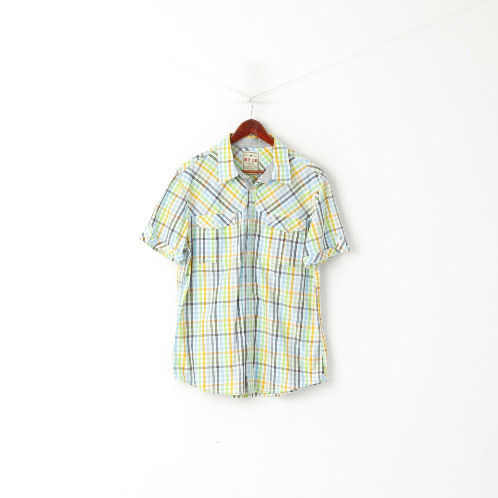 Mustang Jeans Men XL Casual Shirt Multi Colour Chekered Cotton Detailed Buttons Short Sleeve