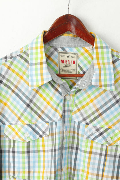 Mustang Jeans Men XL Casual Shirt Multi Colour Chekered Cotton Detailed Buttons Short Sleeve