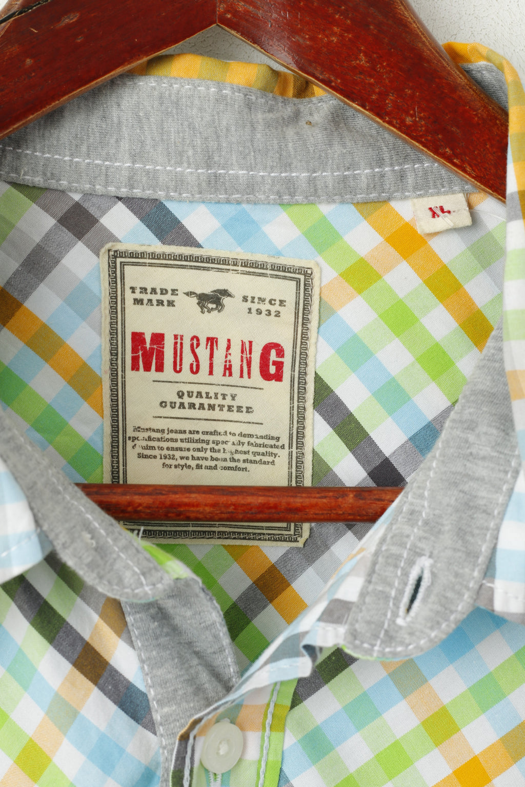 Mustang Jeans Men XL Casual Shirt Multi Colour Chekered Cotton Detailed Buttons Short Sleeve