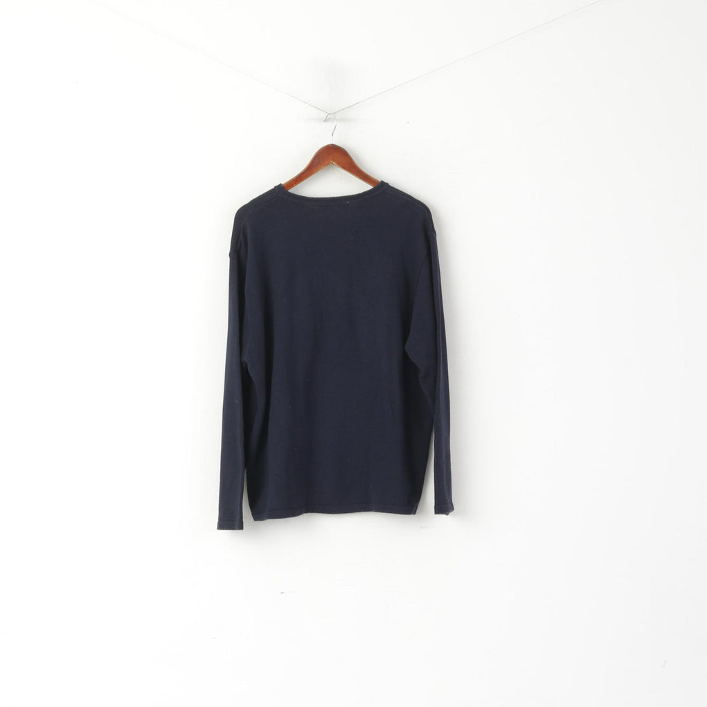 Lambretta Men XL Jumper Navy Cotton Blend Crew Neck Big Logo Sweater