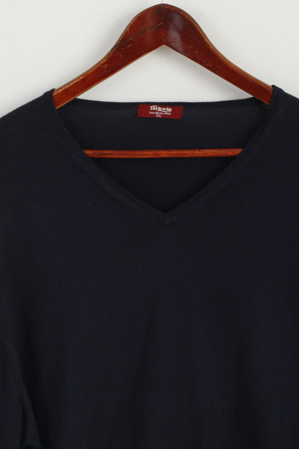 TM Lewin Men XXL Jumper Navy 100% Merino Wool V Neck Soft Plain Sweater