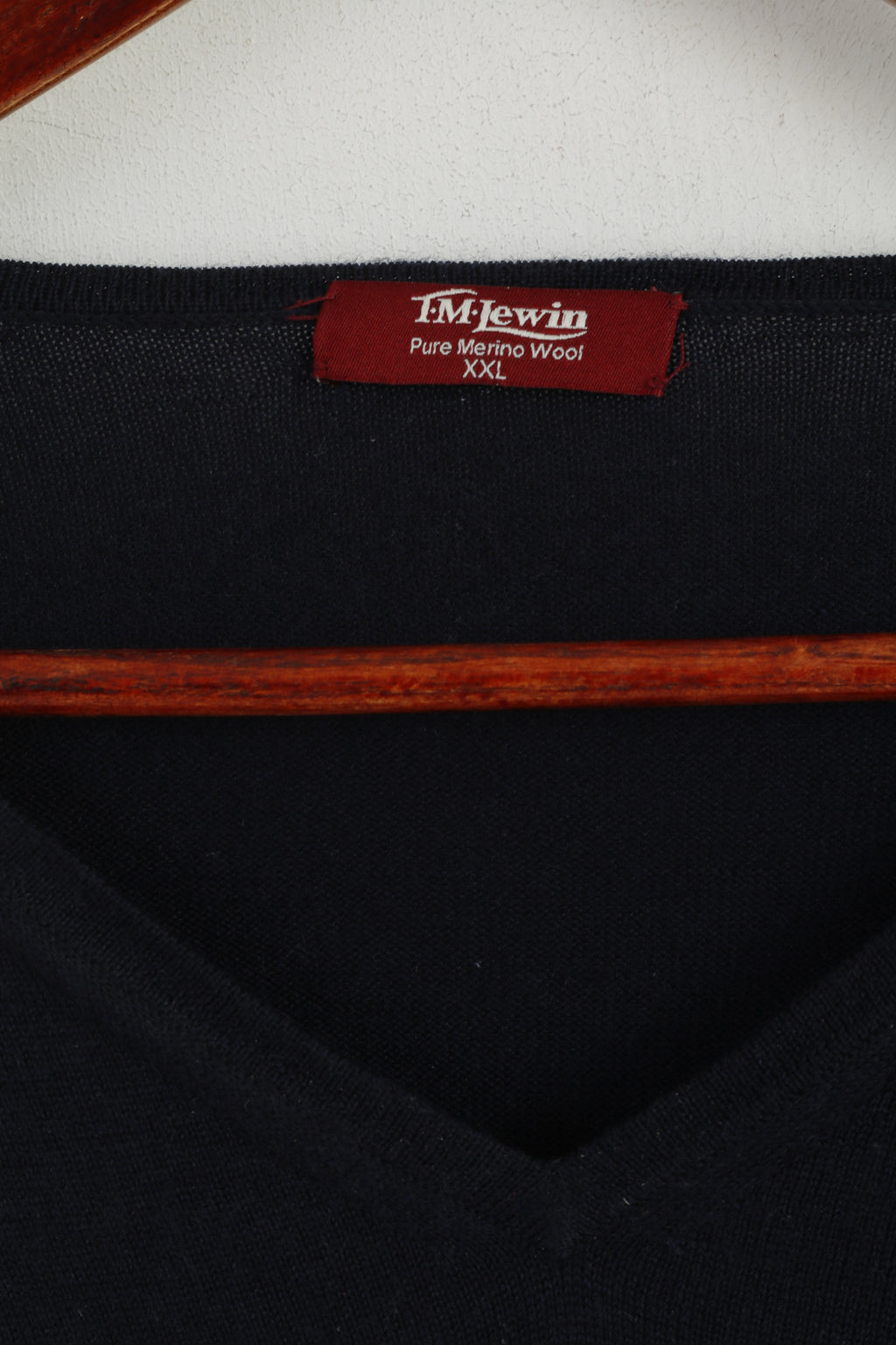 TM Lewin Men XXL Jumper Navy 100% Merino Wool V Neck Soft Plain Sweater