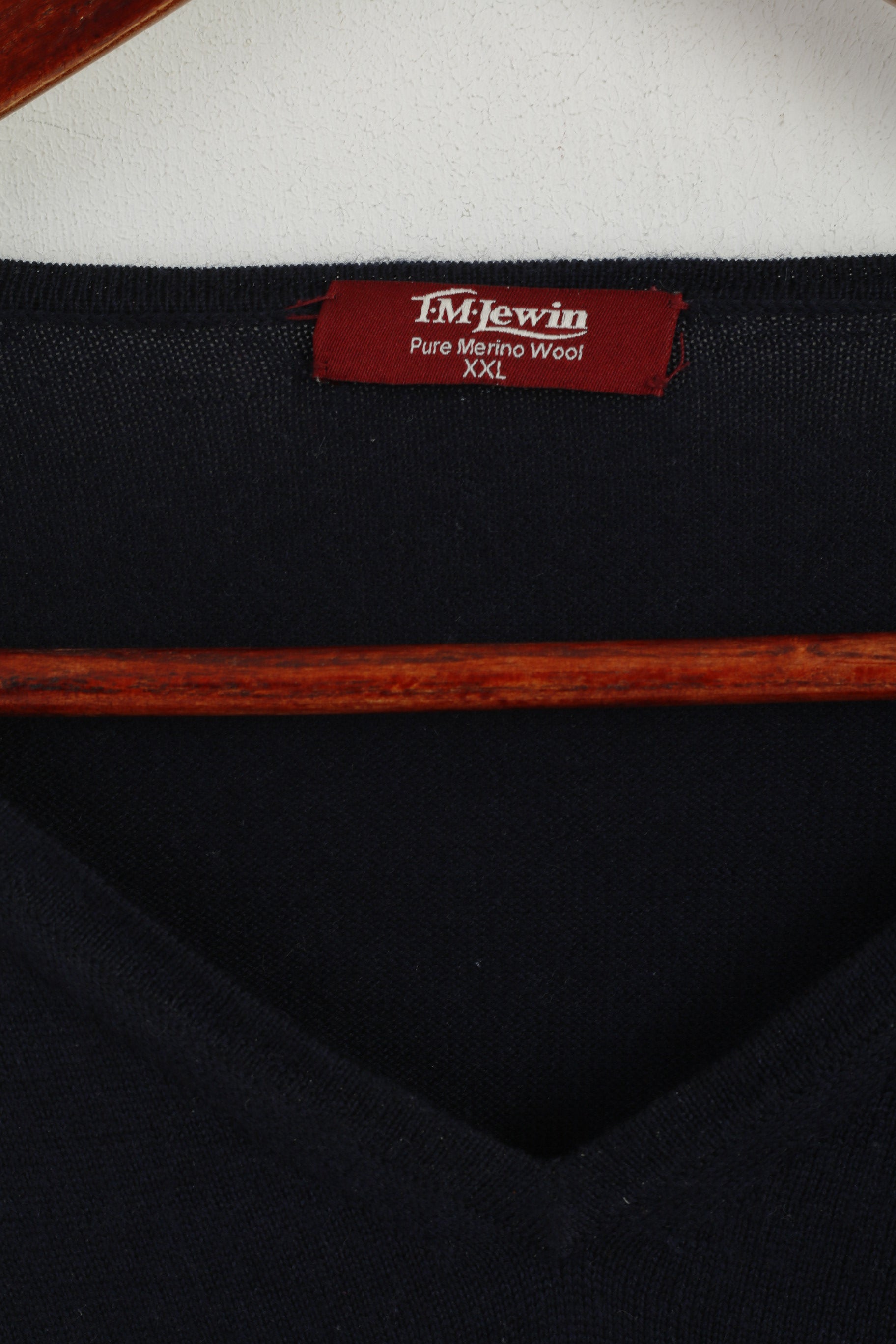 TM Lewin Men XXL Jumper Navy 100% Merino Wool V Neck Soft Plain Sweater