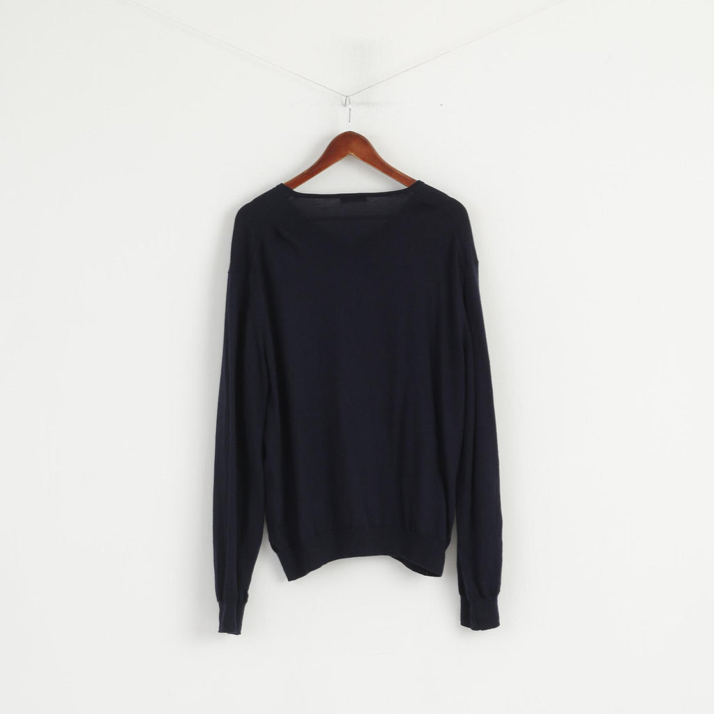 TM Lewin Men XXL Jumper Navy 100% Merino Wool V Neck Soft Plain Sweater