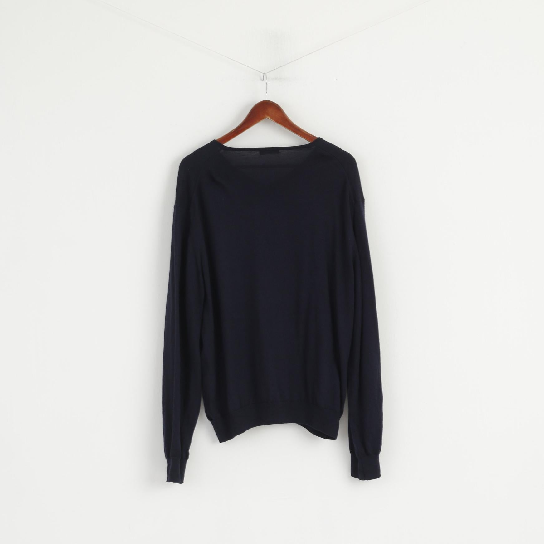 TM Lewin Men XXL Jumper Navy 100% Merino Wool V Neck Soft Plain Sweater