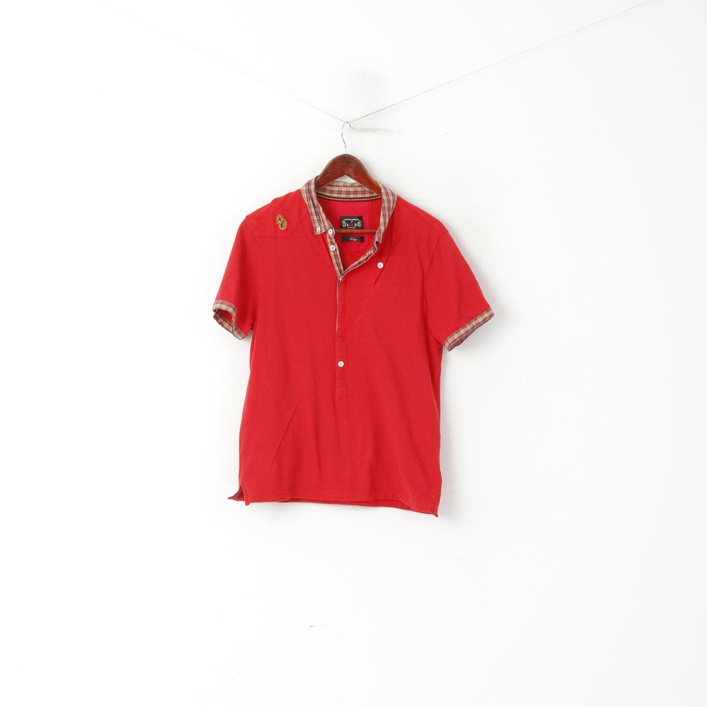 Luke 1977 Homme L (M) Polo Rouge Coton Col À Carreaux Slim Fit Top