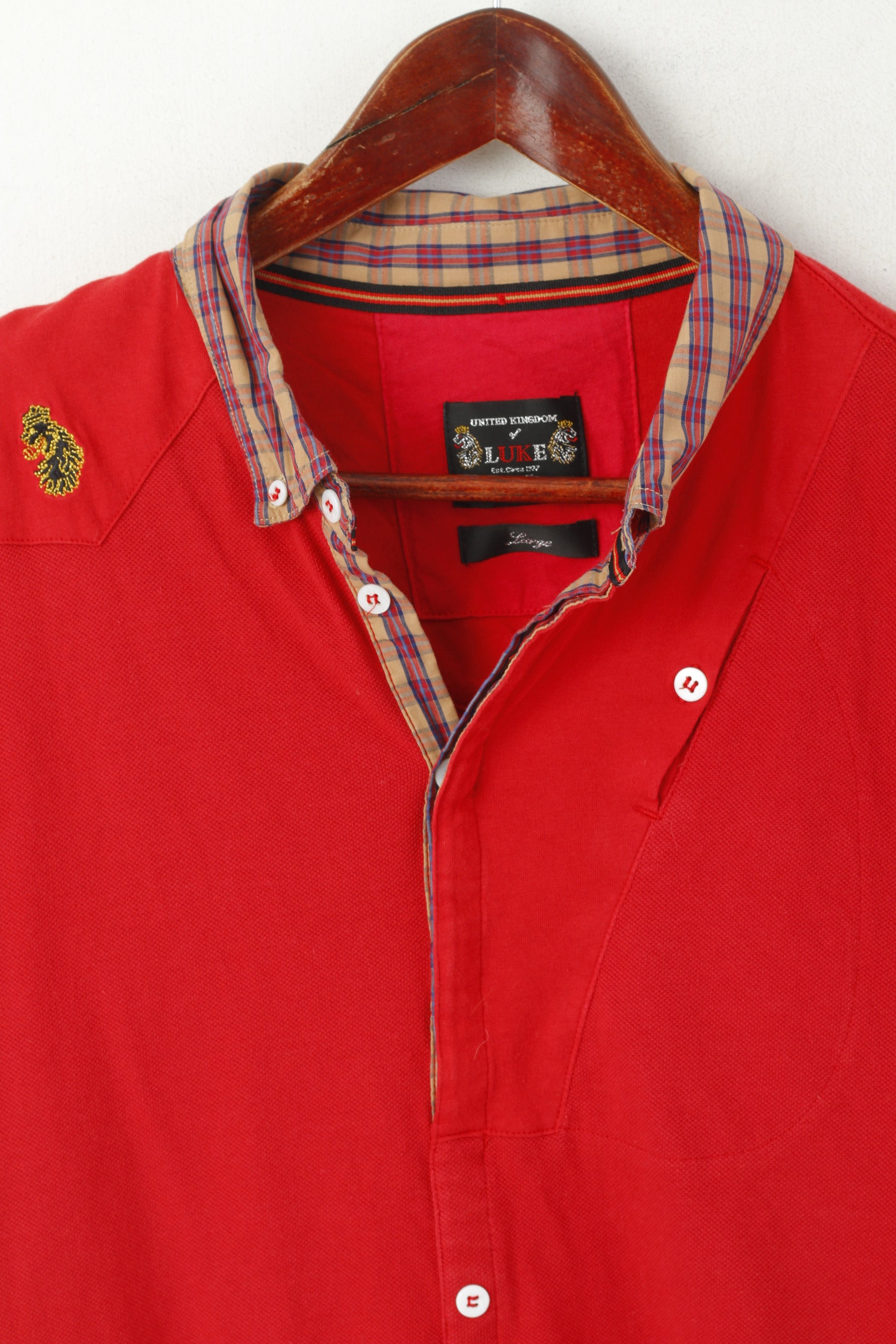 Polo Luke 1977 da uomo L (M) Top slim fit in cotone rosso con colletto a quadretti
