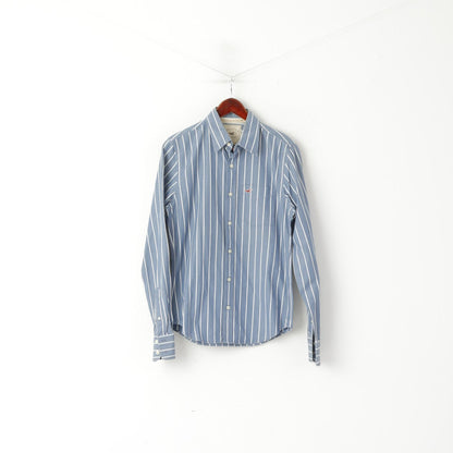 Hollister California Camicia casual da uomo Top a maniche lunghe in cotone a righe blu