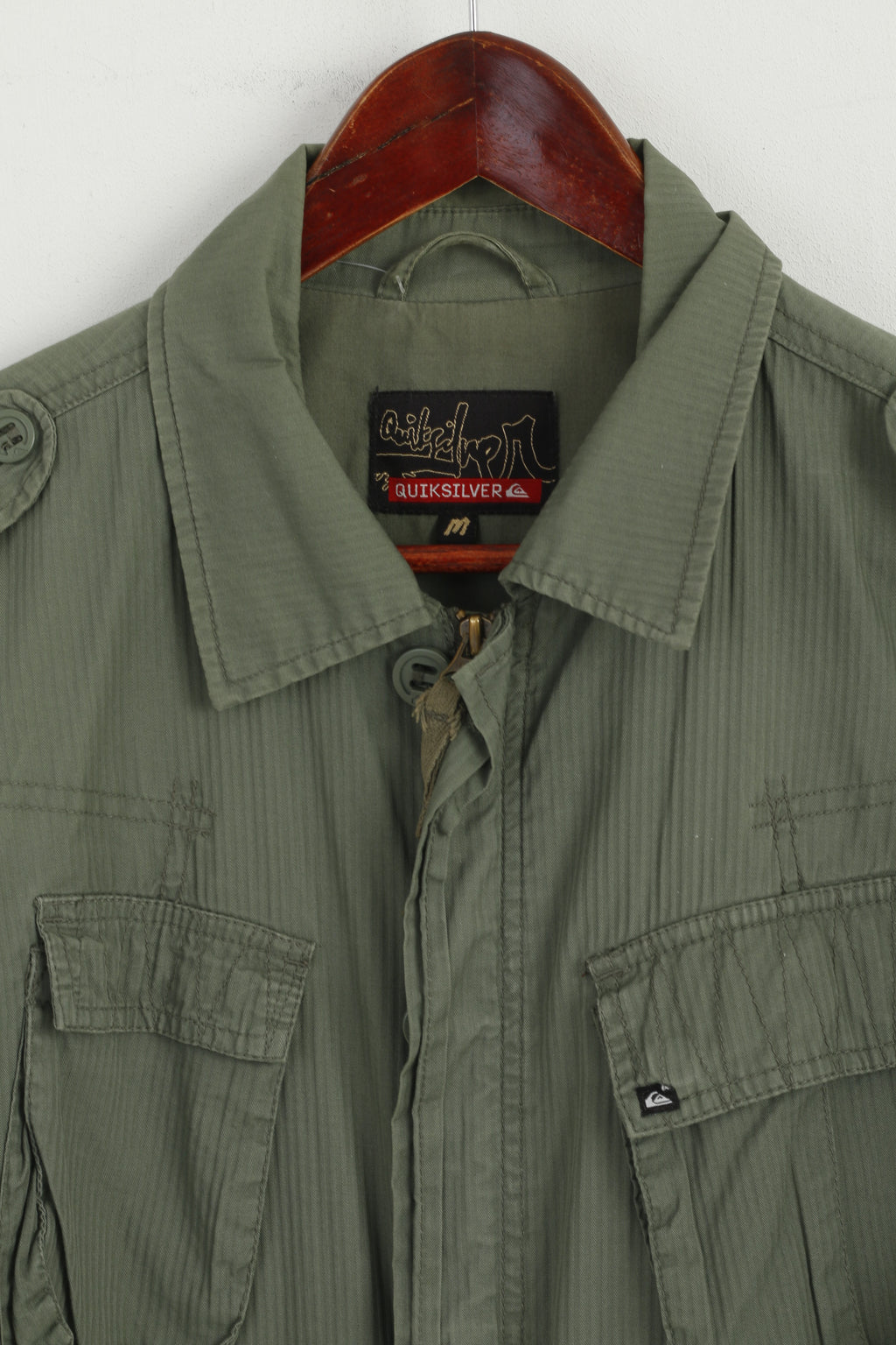 Quiksilver Giacca da uomo M Verde Ghirlanda di cotone Tinta unita Multi tasche Zip Up Top