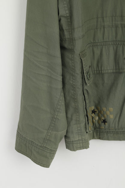Quiksilver Men M Jacket Green Cotton Garland Plain Multi Pockets Zip Up Top