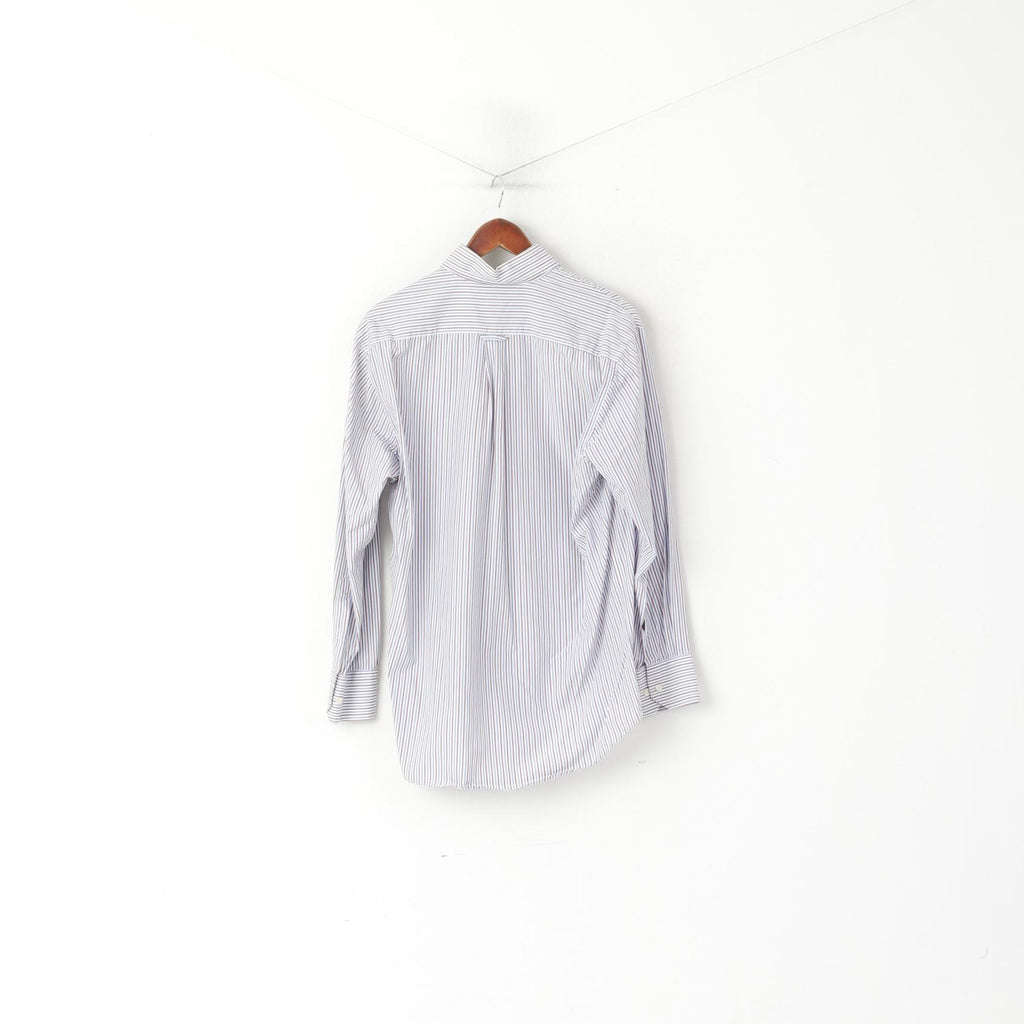 Gant Men M Casual Shirt White Blue Striped Cotton Key West Poplin Long Sleeve Top