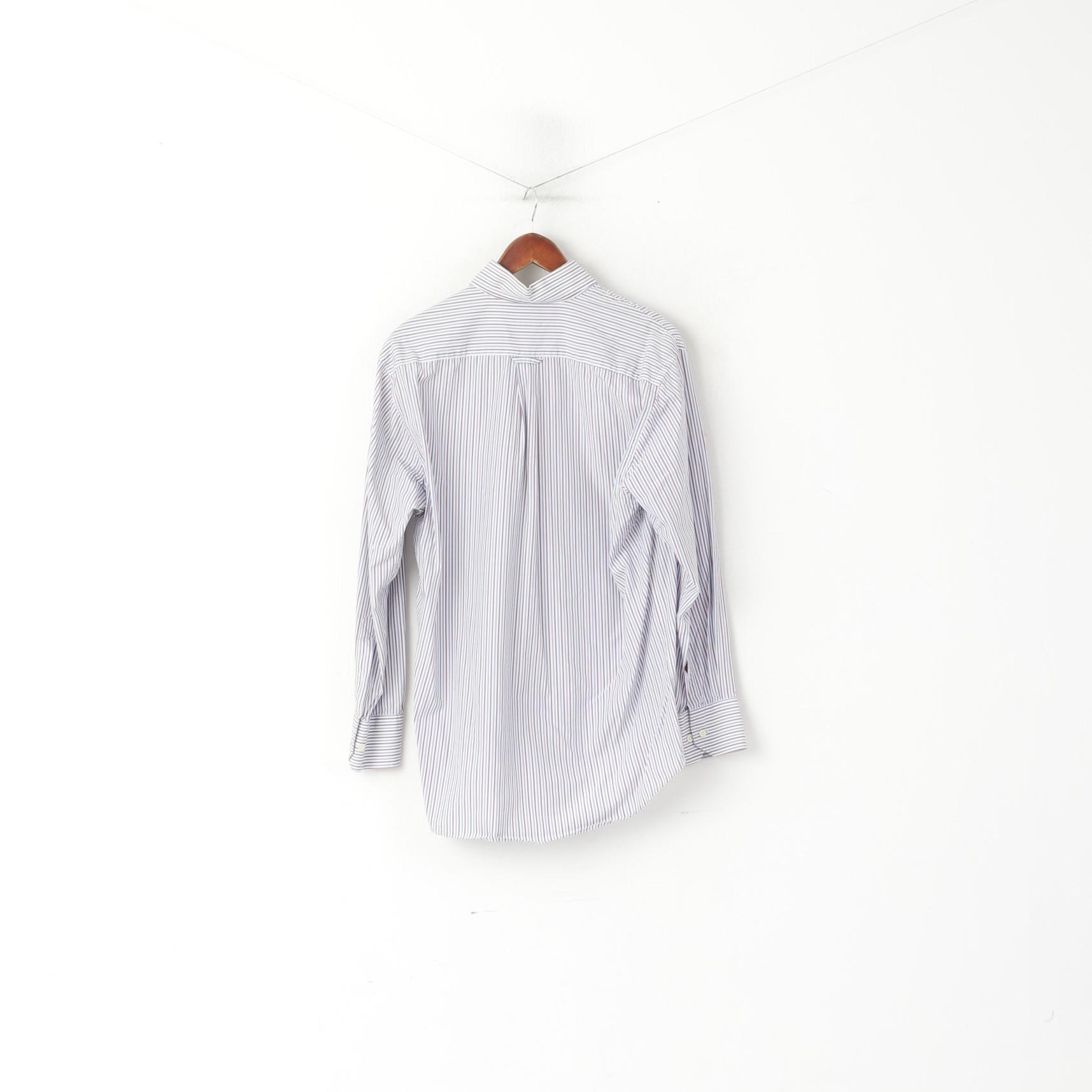 Gant Men M Casual Shirt White Blue Striped Cotton Key West Poplin Long Sleeve Top