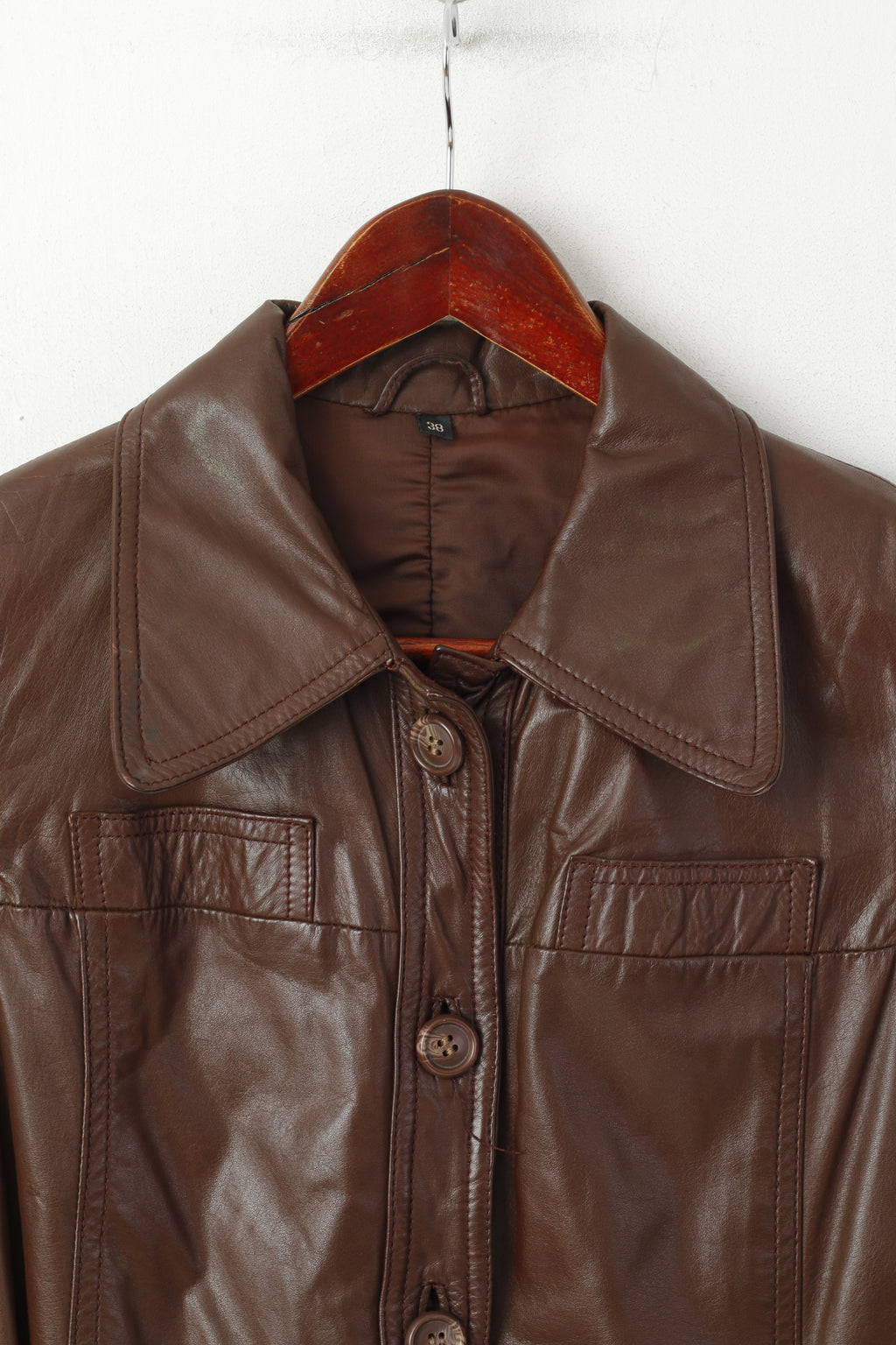 Ericson of Sweden Women 38 S Jacket Brown Leather Shiny Vintage Belted Single Breasted Top