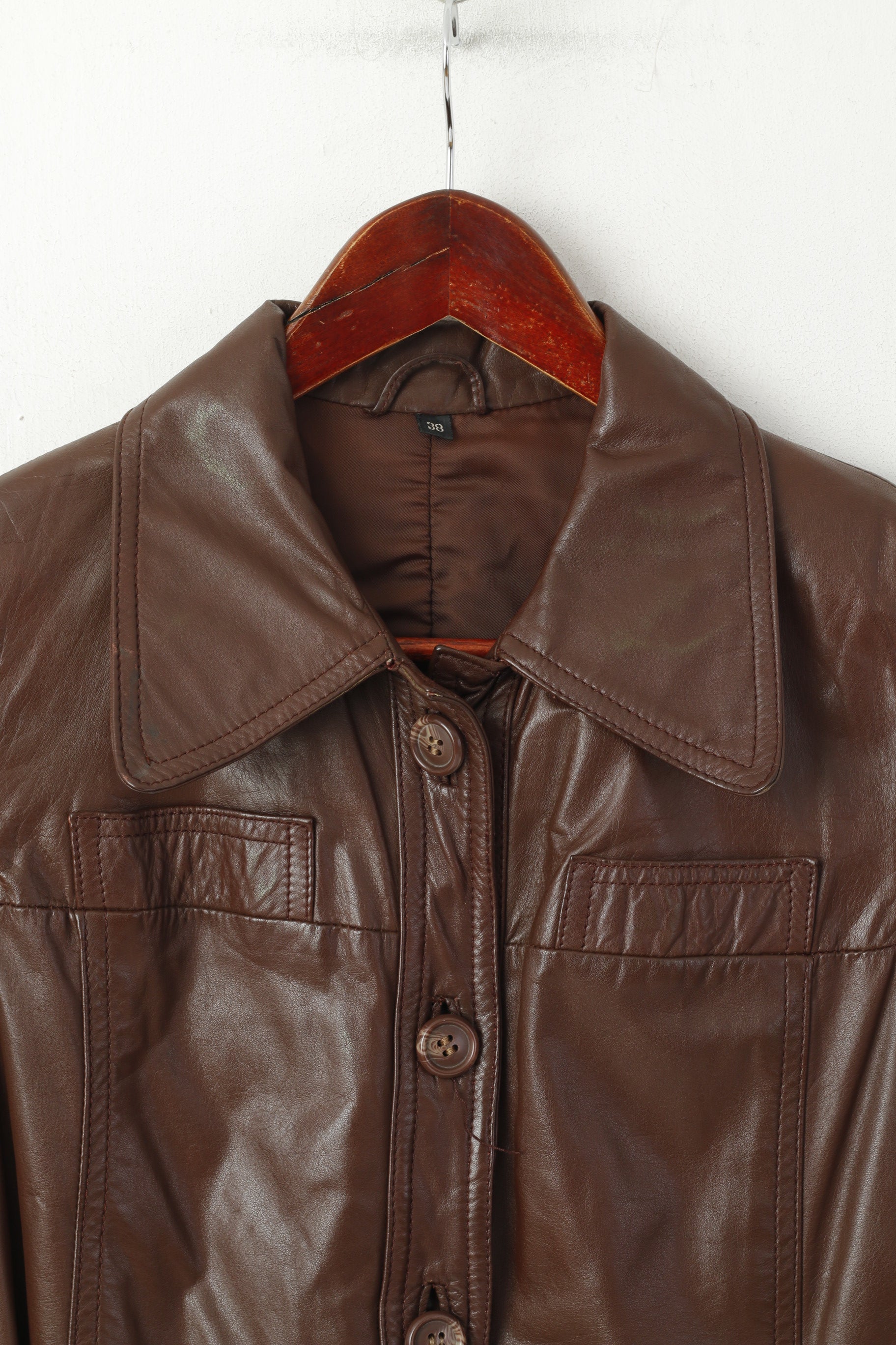 Ericson of Sweden Women 38 S Jacket Brown Leather Shiny Vintage Belted Single Breasted Top