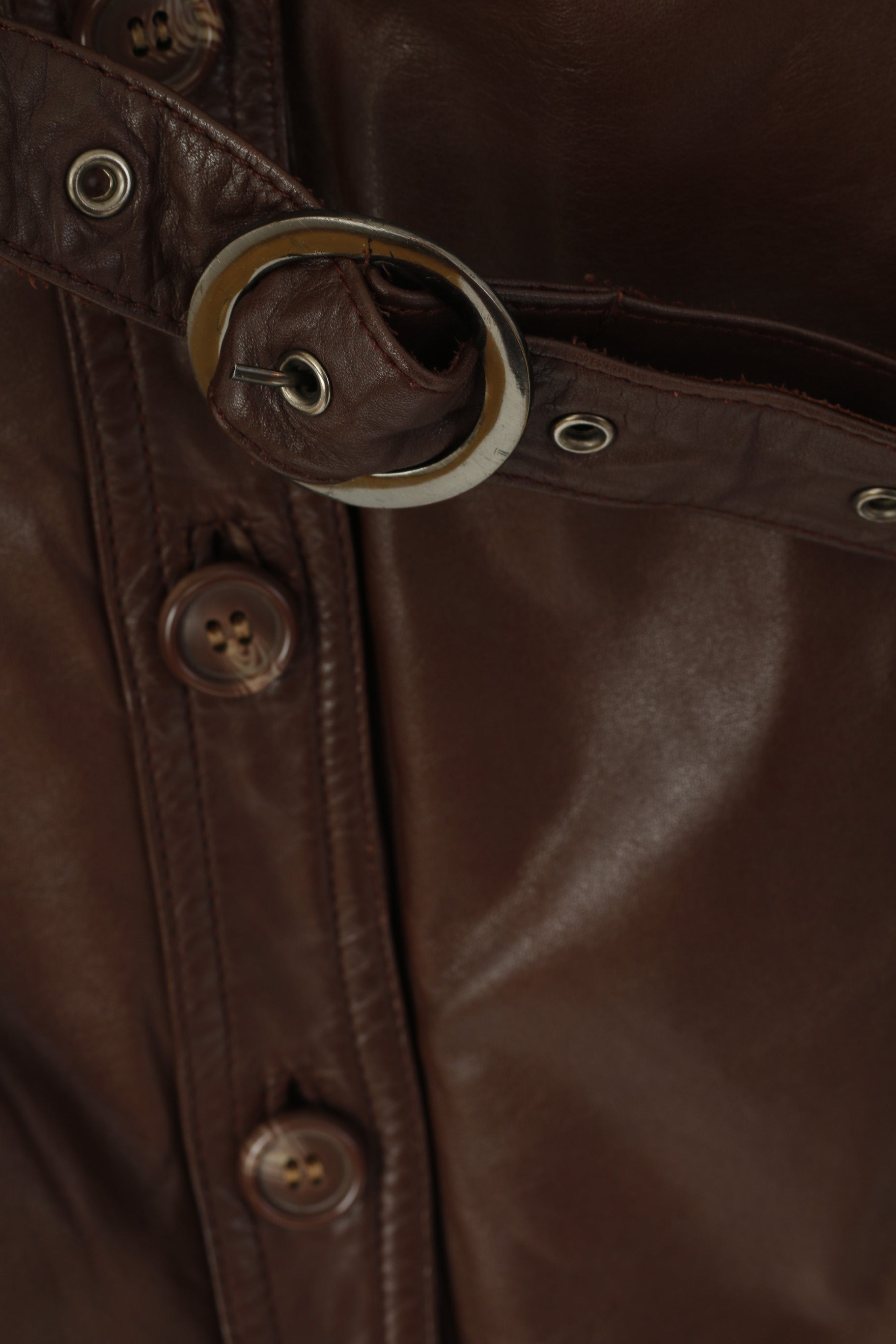 Ericson of Sweden Women 38 S Jacket Brown Leather Shiny Vintage Belted Single Breasted Top