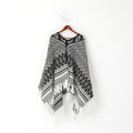 vintage Femmes Taille Unique Poncho Noir Blanc Aztèque Boho Hippie Fringe Cape
