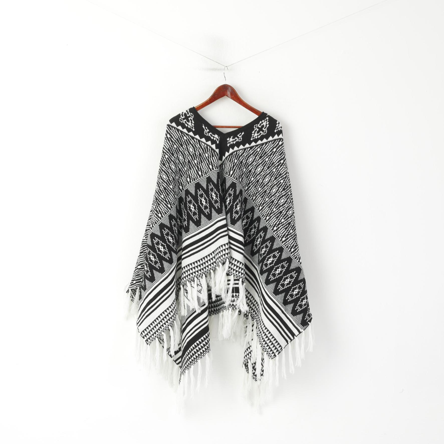 vintage Femmes Taille Unique Poncho Noir Blanc Aztèque Boho Hippie Fringe Cape