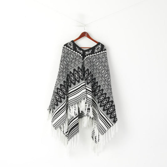 vintage Femmes Taille Unique Poncho Noir Blanc Aztèque Boho Hippie Fringe Cape